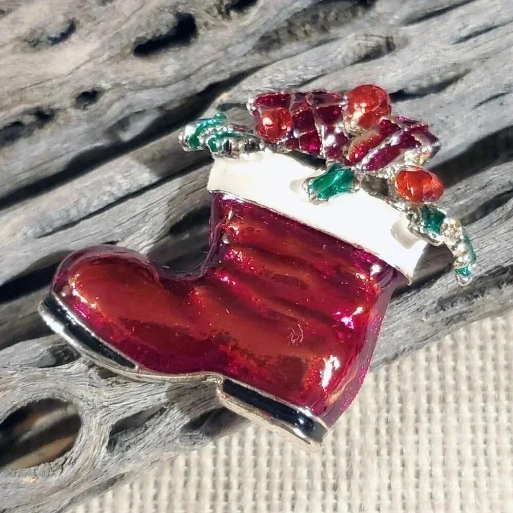 Y2K 90s Christmas Stocking Boot Rhinestone Enamel Christmas Sweater Pin Brooch - Picture 5 of 6